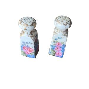 Antique Hand Painted Floral Gold Salt And Pepper Shakers